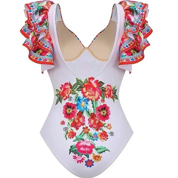 Boho Blanca resort onepiece swimsuit & maxi cover-up skirt white red blue floral - Picture 14 of 16